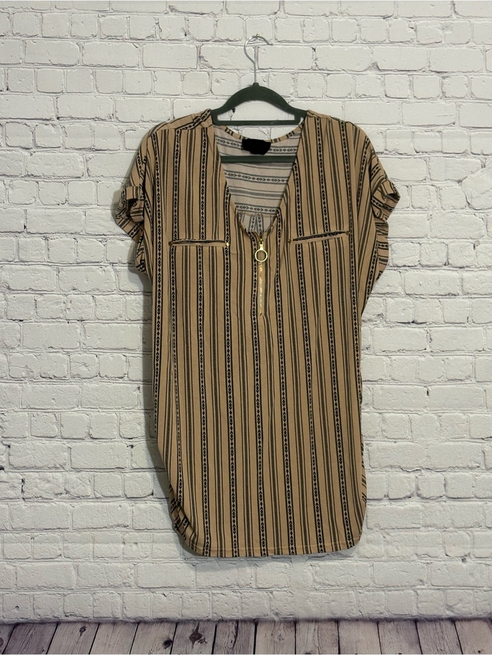 Striped Tan Zip-Front Tunic Maternity Top